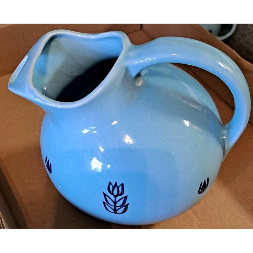 Vtg MCM Cronin‎ Ceramic Dutch  Blue Tulip Water Pitcher Made In USA